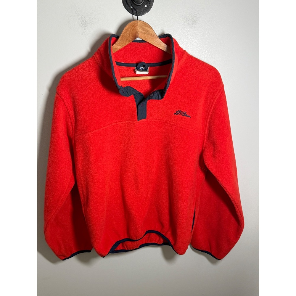 Vintage 90s LL Bean Fleece Pullover Red Snap Neck Made in USA Women Large